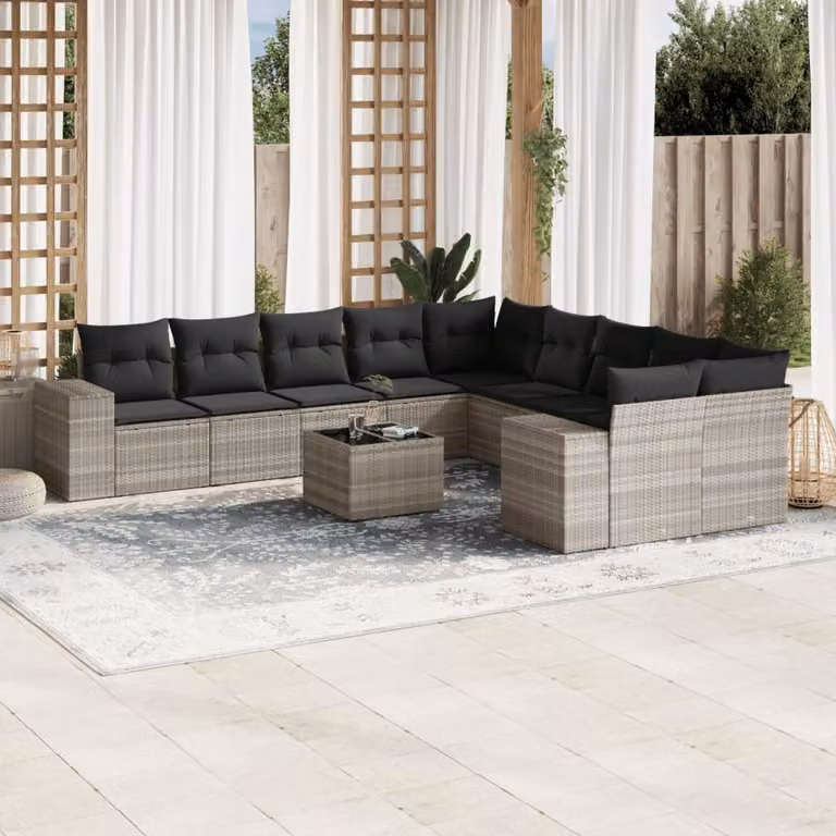 Set di Divani da Giardino vidaXL 11 pz in Polyrattan Grigio con Cuscini e Tavolino da Esterno a Forma di L