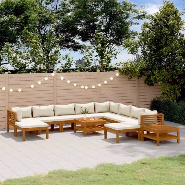 Set di Divani da Giardino vidaXL in Legno di Acacia con Cuscini Beige, Composizione a U con Elementi Angolari, Divano a 3 Posti, Ottoman e Tavolino da Caffè