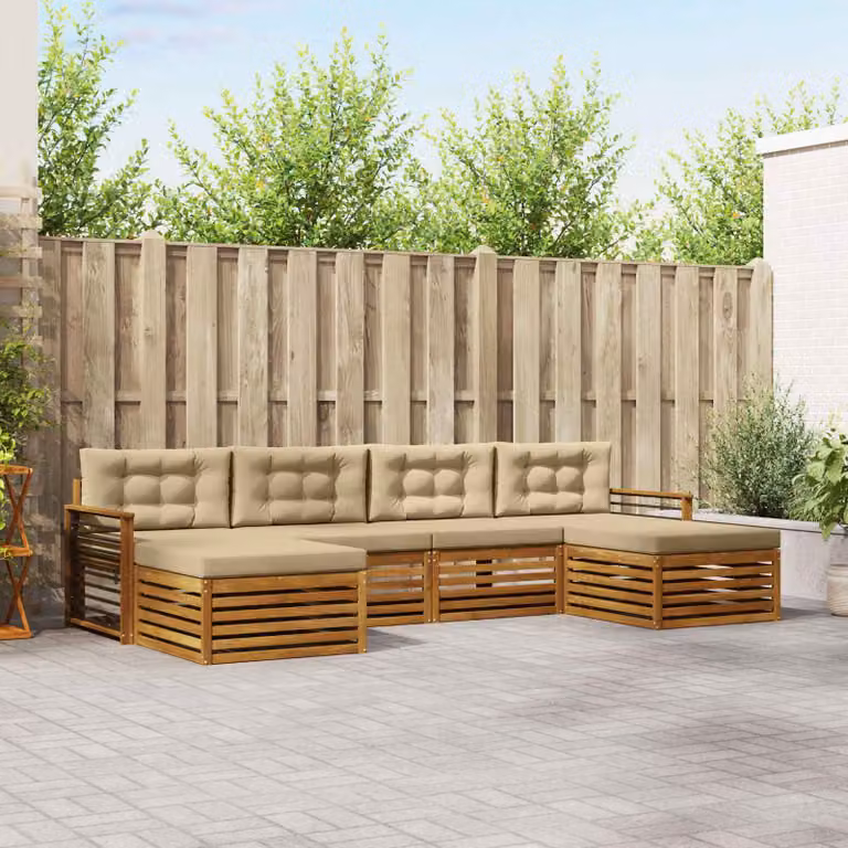 Set di divani da esterno vidaXL in legno di acacia con pouf e cuscini, design moderno a L, colore beige e marrone