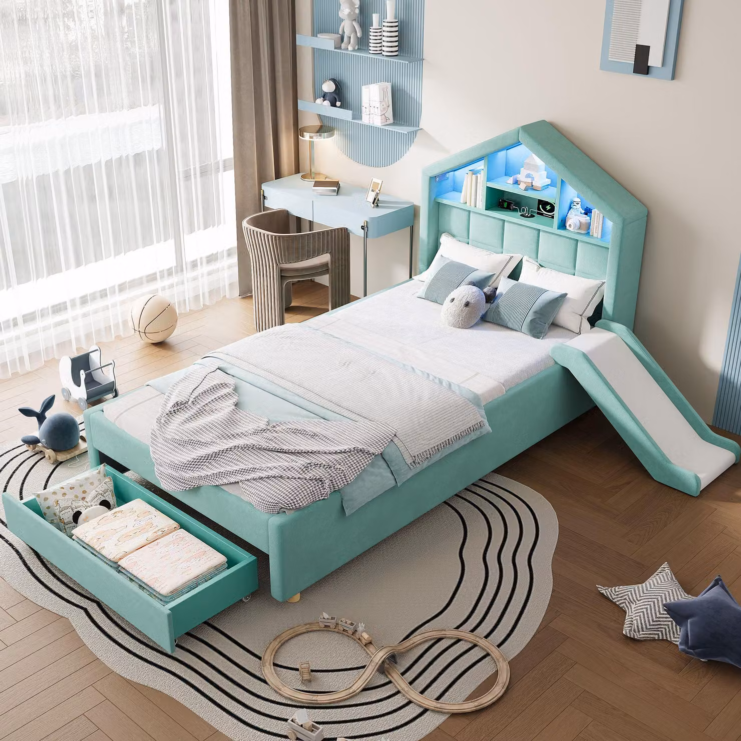 Letto imbottito Merax 90x200 cm con scivolo e spazio contenitivo, letto a forma di casetta con illuminazione a LED, lettino per bambini con presa di corrente, testiera con ripiano, rivestito in velluto, colore blu-verde