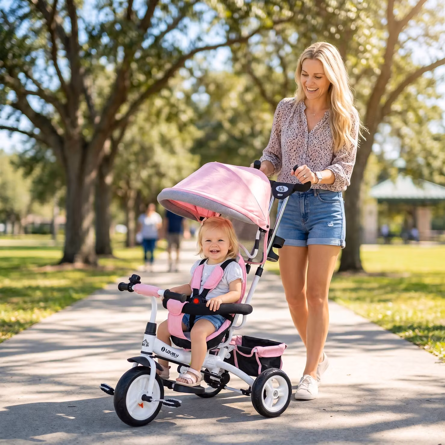 Triciclo per bambini HOMCOM 6 in 1 con maniglione, tettuccio regolabile e cintura di sicurezza, rosa – 2