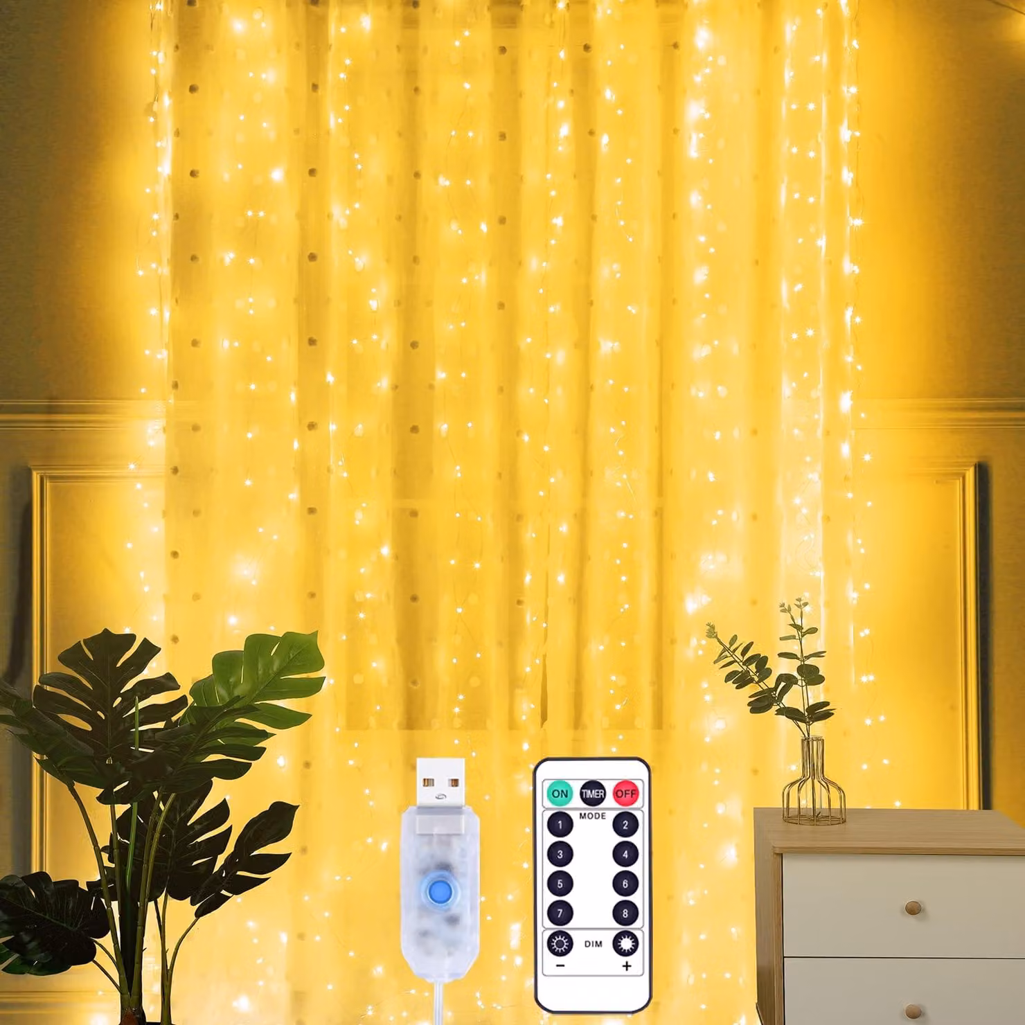 Tenda luminosa a LED, dimensioni 3x2 metri, 200 LED bianco caldo, grado di protezione IP65, alimentazione USB, telecomando