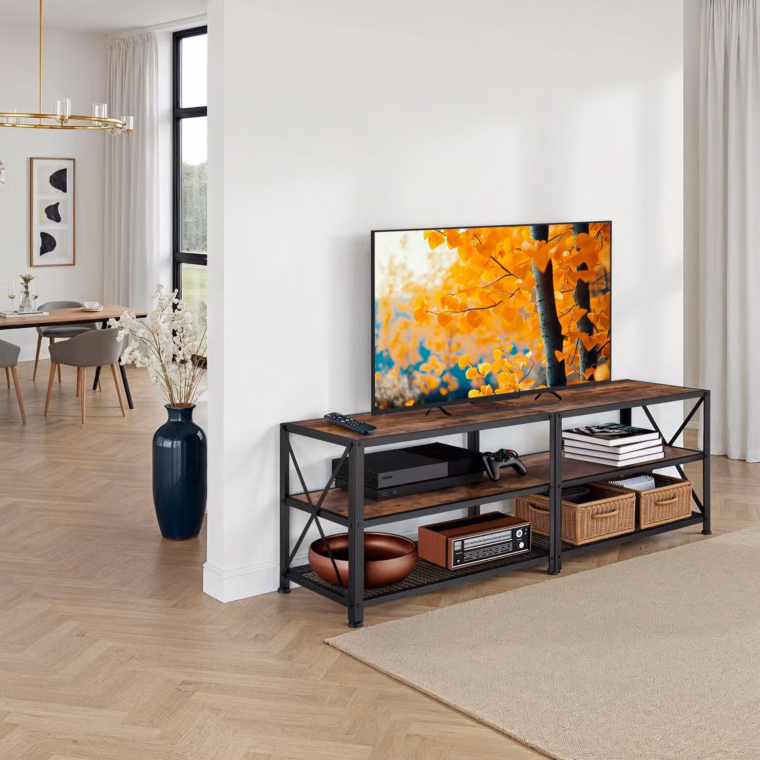 Mobile basso tectake in stile industriale color marrone con finitura opaca, L: 141 cm, P: 41,5 cm, H: 50,5 cm – 2