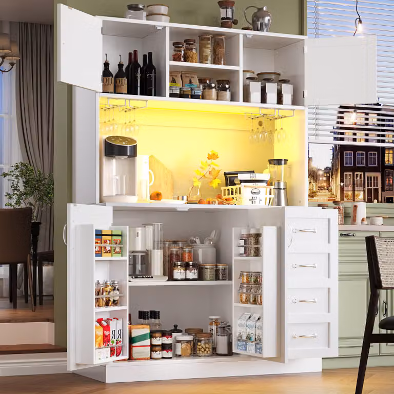 okwish Armadio da cucina, mobile contenitore con illuminazione a LED e cassetti, pensile da cucina, mobile alto con ripiano per snack e portabicchieri, adatto per soggiorno o cucina, bianco