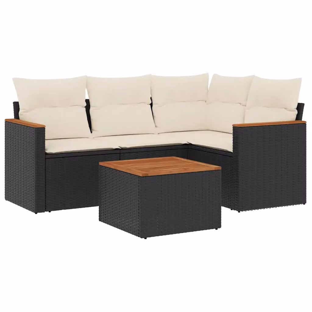 Set di divani da giardino vidaXL in 5 pezzi con polyrattan e cuscini neri e bianchi con tavolino da esterno e struttura a forma di L – 2