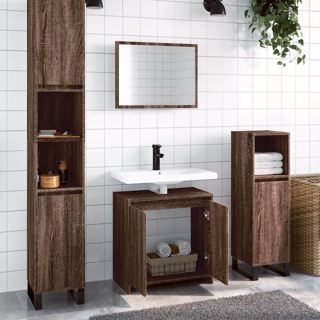 Set di mobili da bagno moderno vidaXL composto da mobile lavabo e armadietto specchio in legno color rovere marrone L/P/H: 60 x 33 x 61 cm
