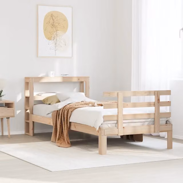 Letto con testiera e ripiani laterali VIDAXL in legno massello di pino rustico beige L/P/H: 200 x 90 x 82 cm