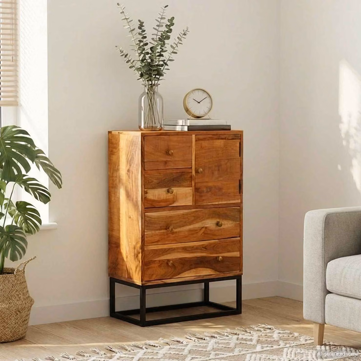 vidaXL Cassettiera Moderna in Legno di Acacia Massello e Metallo, Colore Marrone, L 55 cm x P 30 cm x H 90 cm
