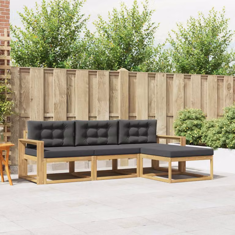 vidaXL Set di divani da esterno a L con pouf, struttura in legno di acacia e cuscini inclusi, Bianco, Antracite e Marrone