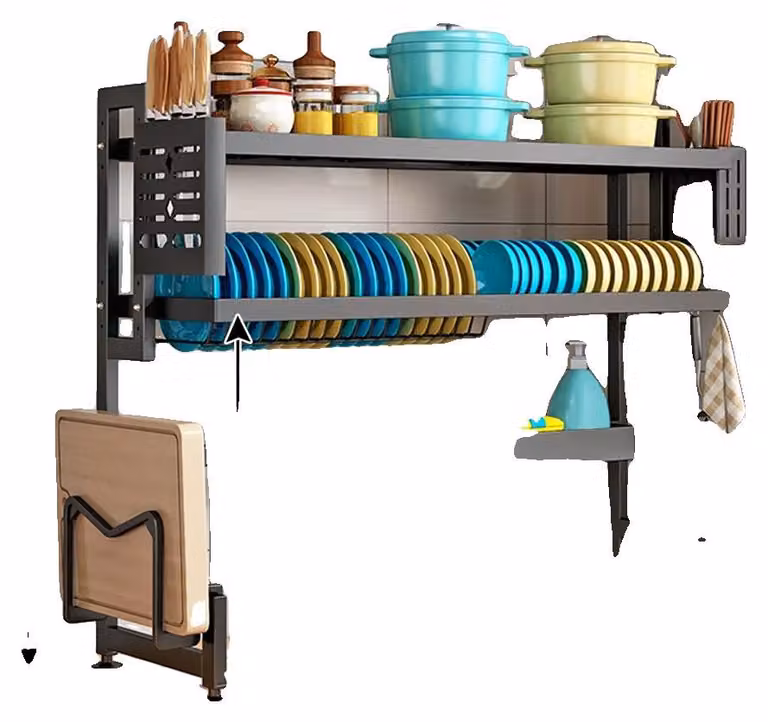 Scaffale portaoggetti da posizionare sopra il lavello, in acciaio resistente, design salvaspazio, nero, a 2 ripiani