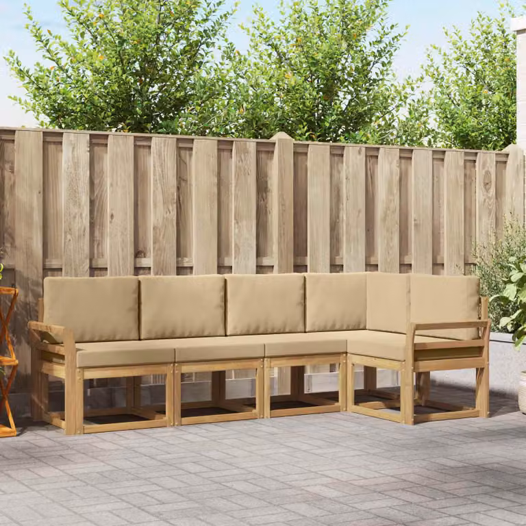 Set di divani da esterno vidaXL a forma di L composto da 5 pezzi in legno di acacia con cuscini, colori bianco, beige e marrone