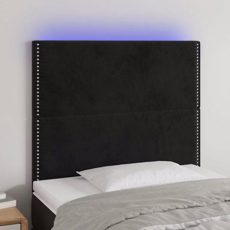 Testiera per letto vidaXL in velluto nero con illuminazione LED integrata e porta di ricarica USB, L: 100 cm, P: 5 cm, H: 118/128 cm