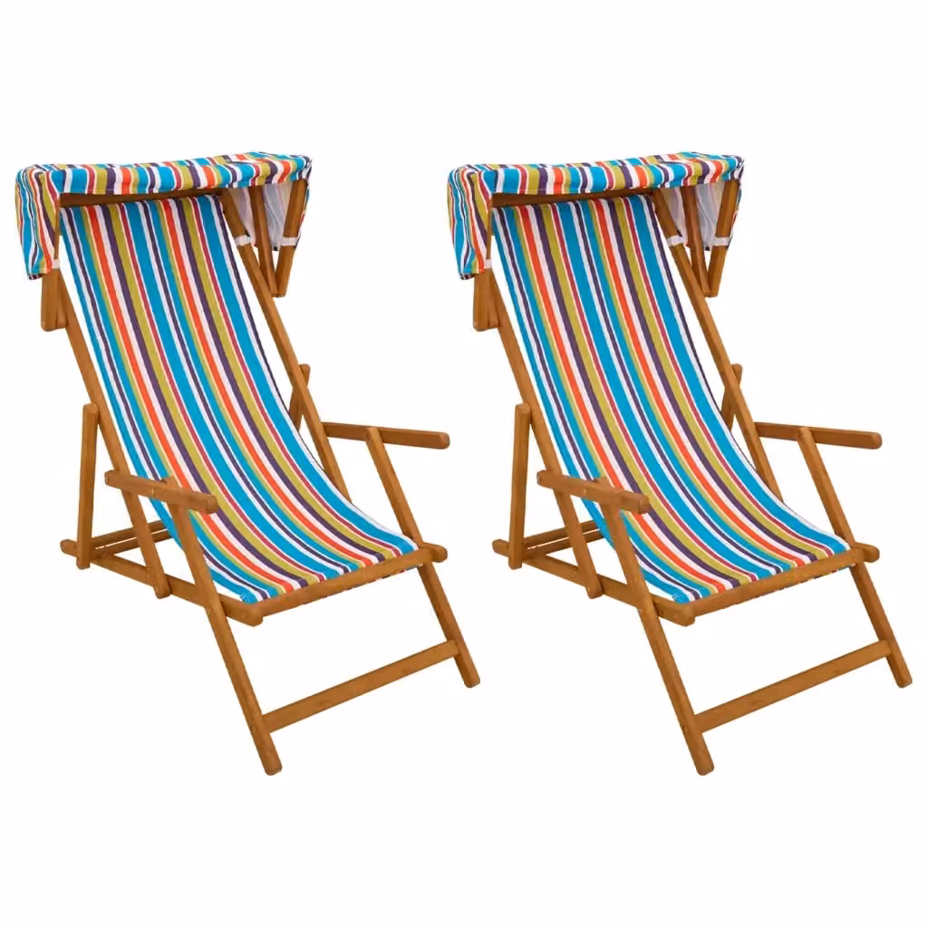 Set di 2 lettini prendisole vidaXL in legno di eucalipto massello oliato con tessuto a righe multicolore per giardino e terrazzo – 2