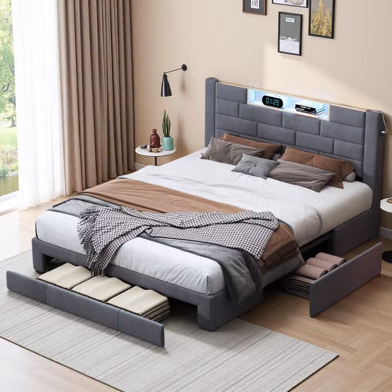 Letto imbottito Fortuna Lai 140x200 cm, con 3 cassetti, testata con contenitore, LED e USB, velluto, grigio
