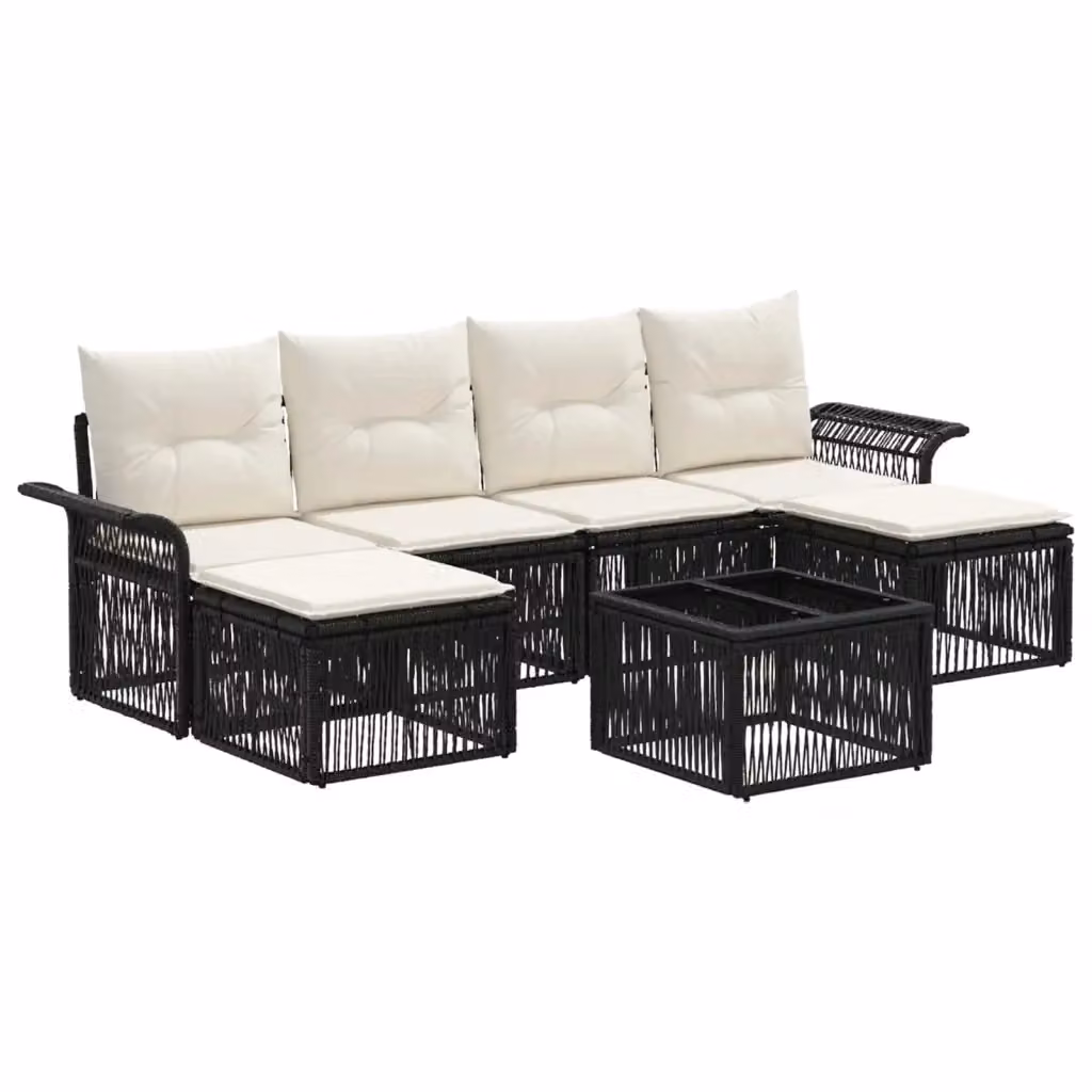 Set da giardino vidaXL a 7 pezzi in rattan nero con divani, tavolino e pouf con cuscini inclusi – 2