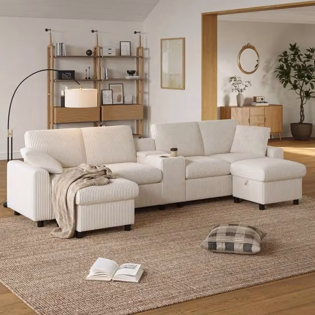 Divano a U in velluto a coste con 2 pouf contenitore; tavolino e prese; 315×135×81 cm; beige