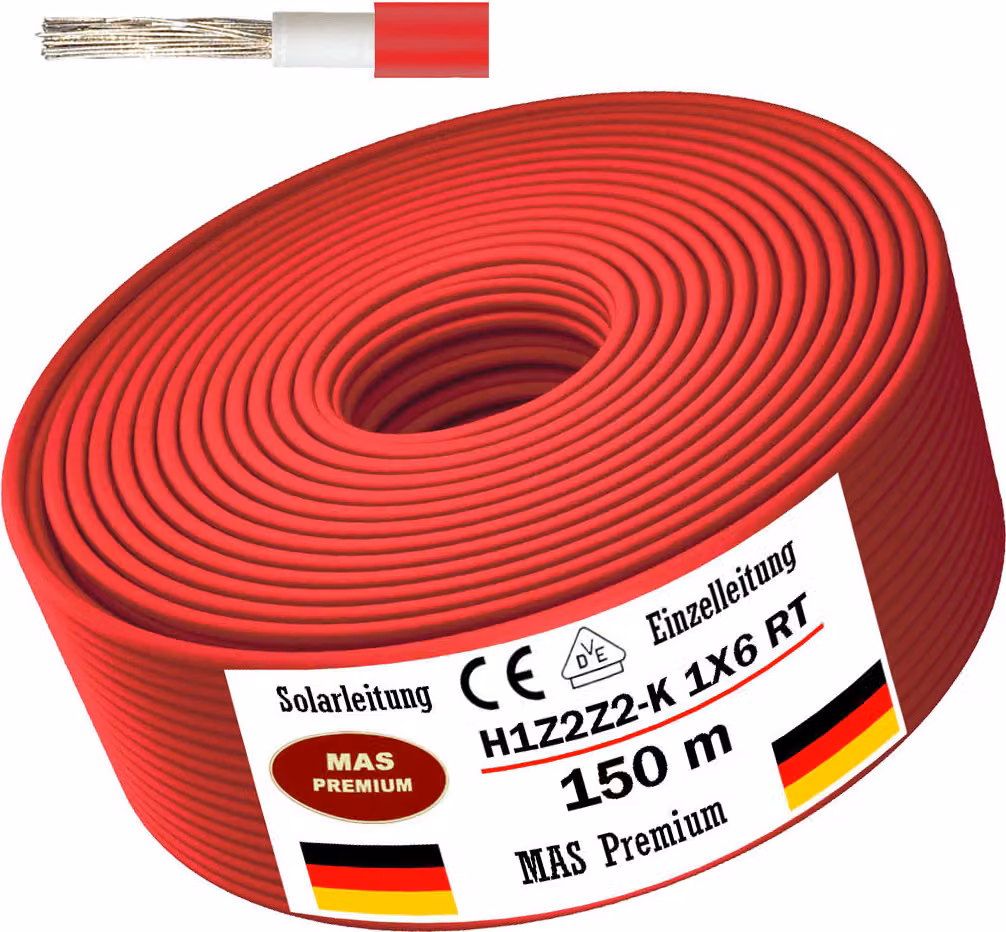 150 m di cavo solare cavo solare H1Z2Z2-K 6 mm² rosso fotovoltaico senza alogeni