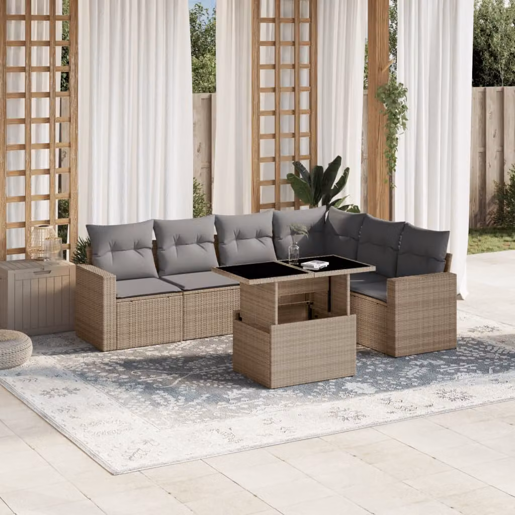 vidaXL Set Divani da Giardino 7 pz in Polyrattan Beige con Cuscini e Tavolino – 1