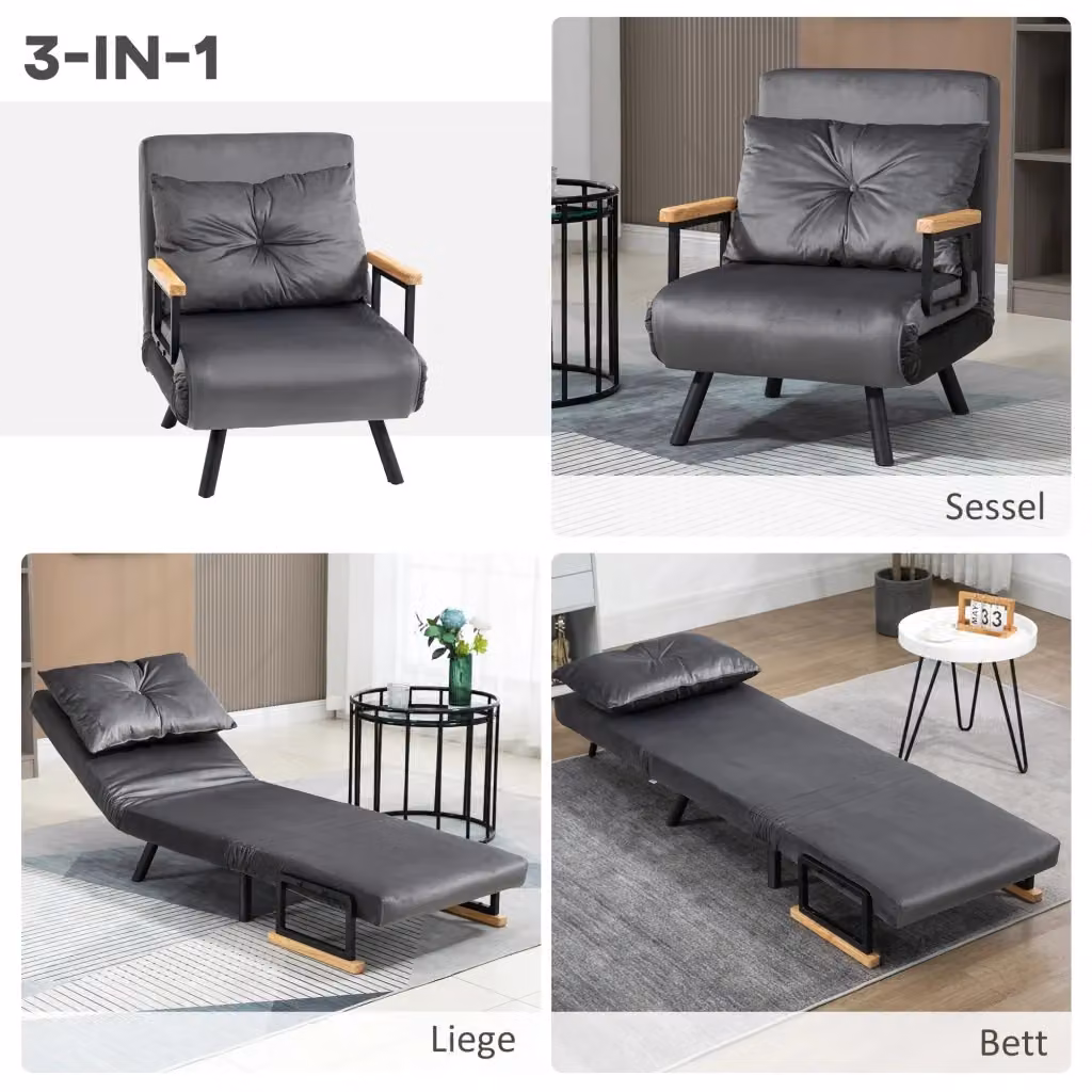 Poltrona Letto Reclinabile REDOM in Velluto Grigio con Braccioli e Struttura in Metallo L: 63 cm, P: 73 cm, H: 81 cm – 2