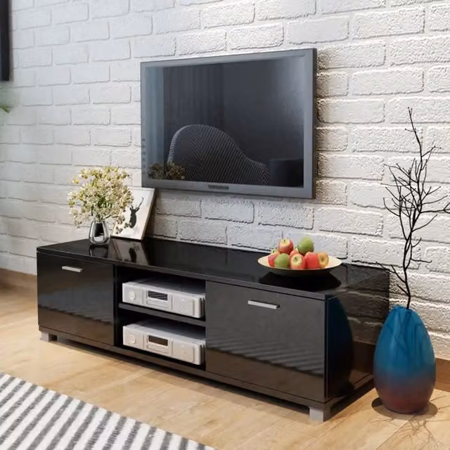 Mobile Porta TV Credenza Moderno Nero Lucido in MDF con Passacavi L: 140 cm, P: 40,5 cm, H: 35 cm – 1