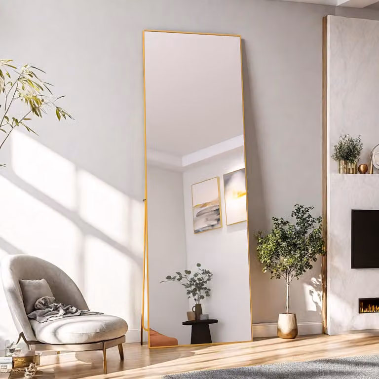 Specchio rettangolare per il trucco in vetro temperato, cornice in alluminio dorato, 162 x 53 cm, elegante design moderno per la camera da letto o il bagno