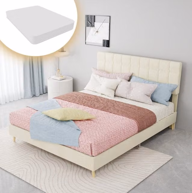 Letto matrimoniale imbottito ULEVR 140x200 cm con testiera a quadri imbottita, tessuto beige e struttura in metallo