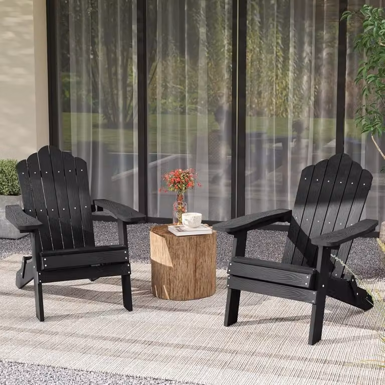 Set di 2 sedie Adirondack pieghevoli Costway in acciaio inossidabile e materiale sintetico resistente alle intemperie con braccioli larghi, colore nero