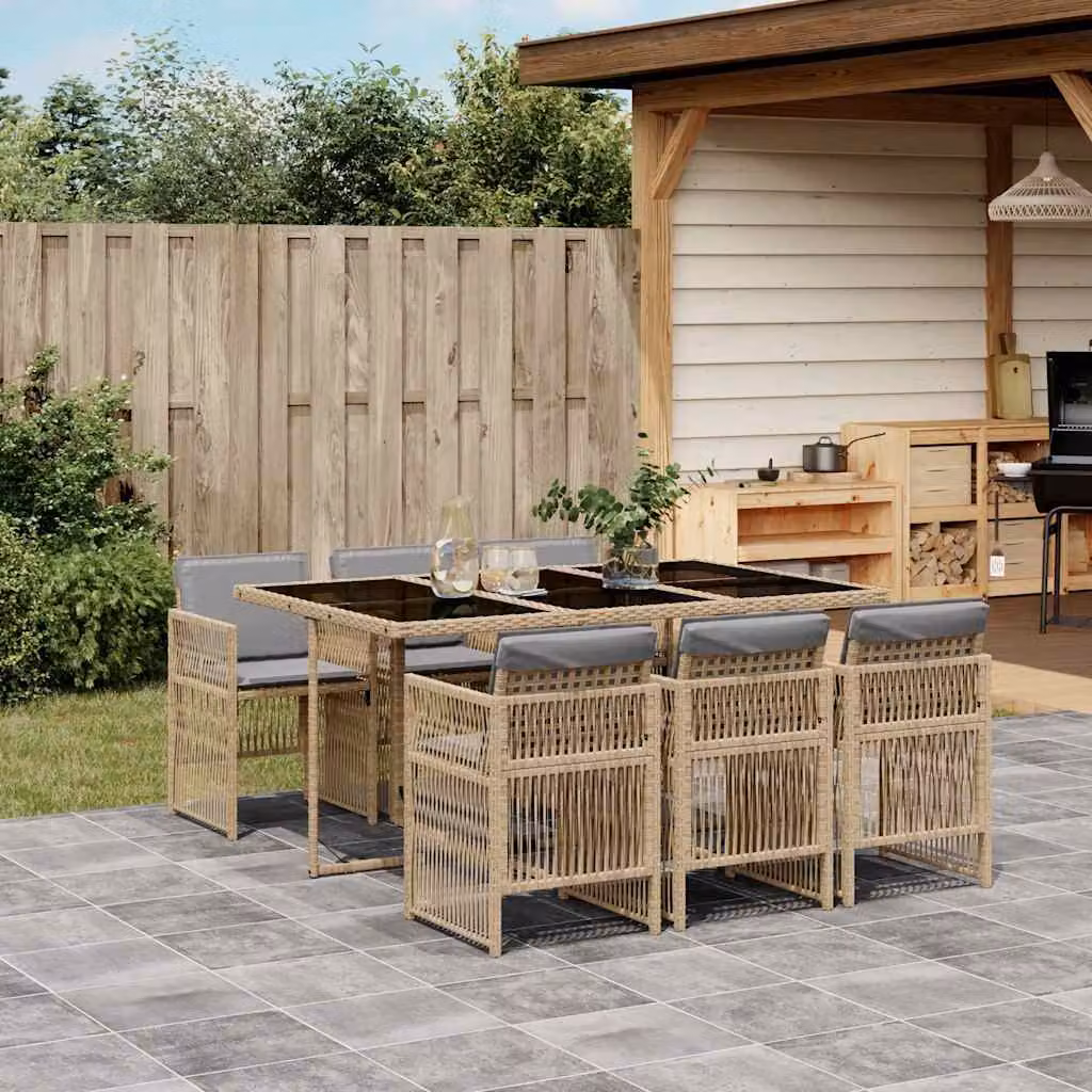 Set Pranzo da Giardino vidaXL in Polyrattan con Cuscini Beige e Piano in Vetro, 7 Pezzi – 1