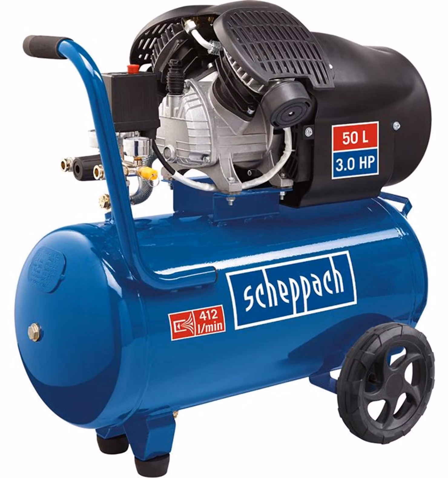 Compressore d'aria compressa Scheppach HC52DC | 2200W | serbatoio 50L | pressione 8bar | capacità di aspirazione 412L/min | riduttore di pressione | lubrificato a olio | doppio cilindro