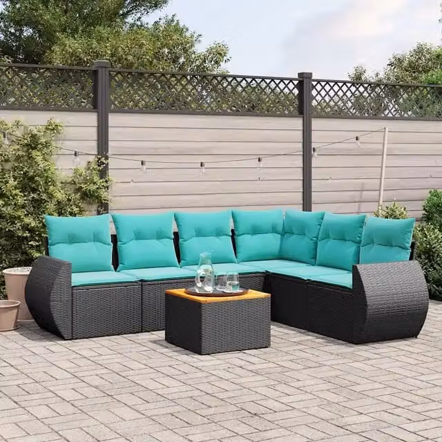 Set Divani da Giardino 7 pz con Cuscini Nero in Polyrattan 3225021