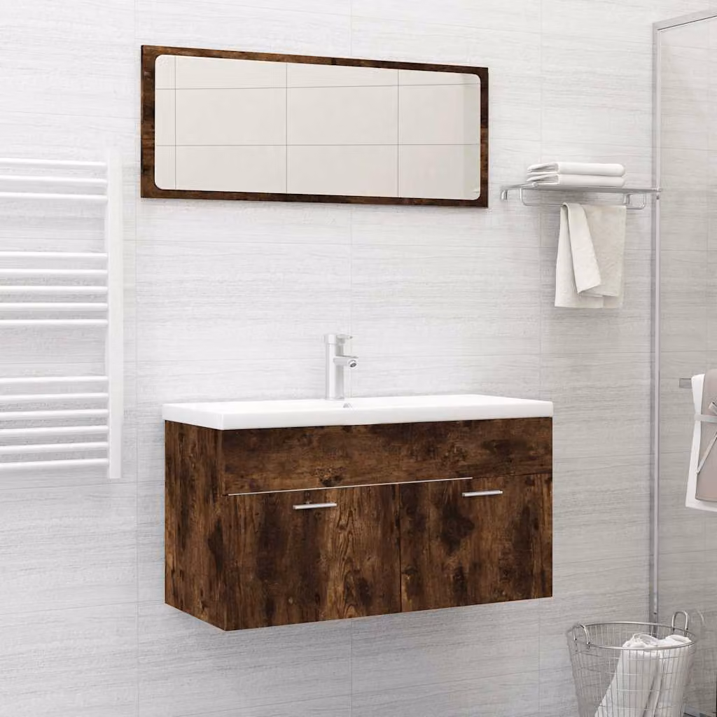 Set Mobili da Bagno Moderno vidaXL in Legno Rovere Marrone composto da Base Lavabo e Armadietto con Specchio a Parete