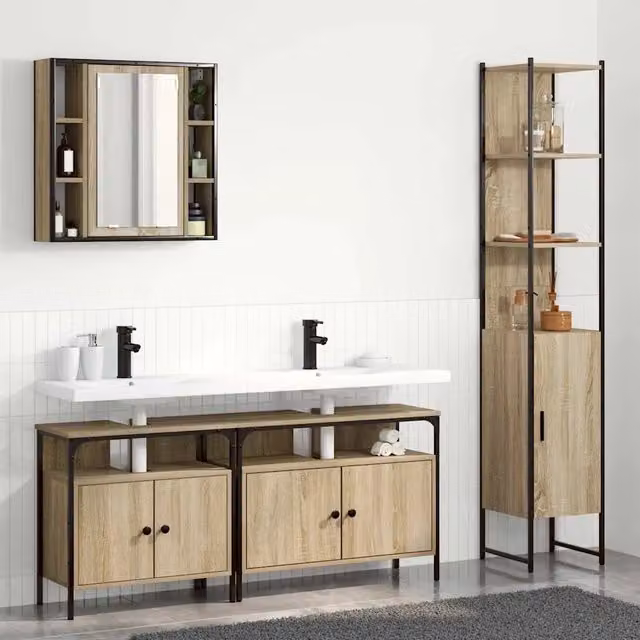 Set di mobili per bagno vidaXL in legno e metallo color marrone con mobileto specchio, mobile lavabo e colonna alta in stile minimalista