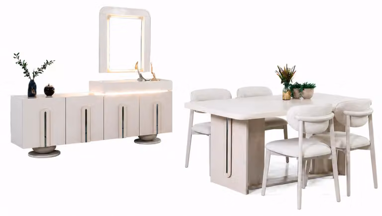 Elegante set da pranzo beige, composto da: tavolo, 4 sedie, credenza e specchio