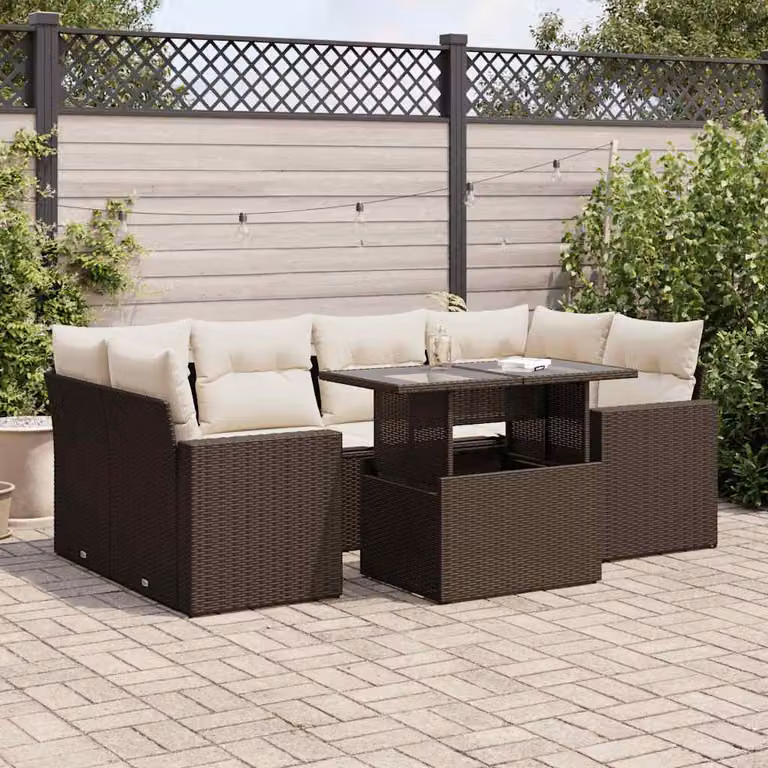 Set di divani da giardino vidaXL 7 pz a forma di L in polyrattan marrone con cuscini e tavolino da esterno