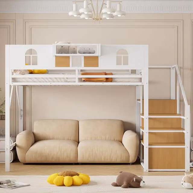 Letto a soppalco 140x200 in metallo bianco con scala contenitore e spazio sottostante