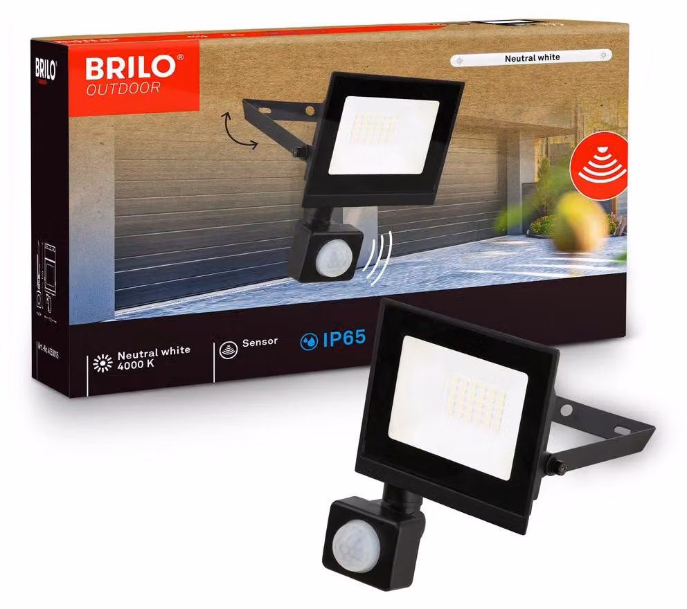 Briloner Faretto LED da esterno con sensore di movimento 11x17 cm rettangolare 20W 1800lm 4000K bianco neutro IP65 nero - Faro per giardino garage vialetto
