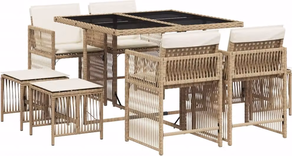 Set da Pranzo da Giardino 9 pz con Cuscini Beige in Polyrattan
