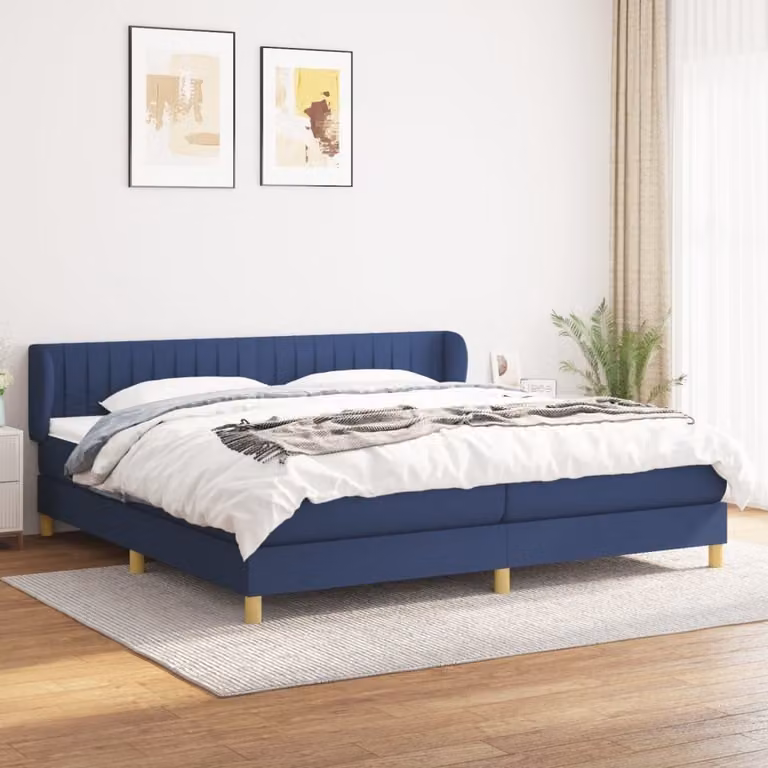 The Living Store Letto a molle con materasso blu 200x200 cm in tessuto