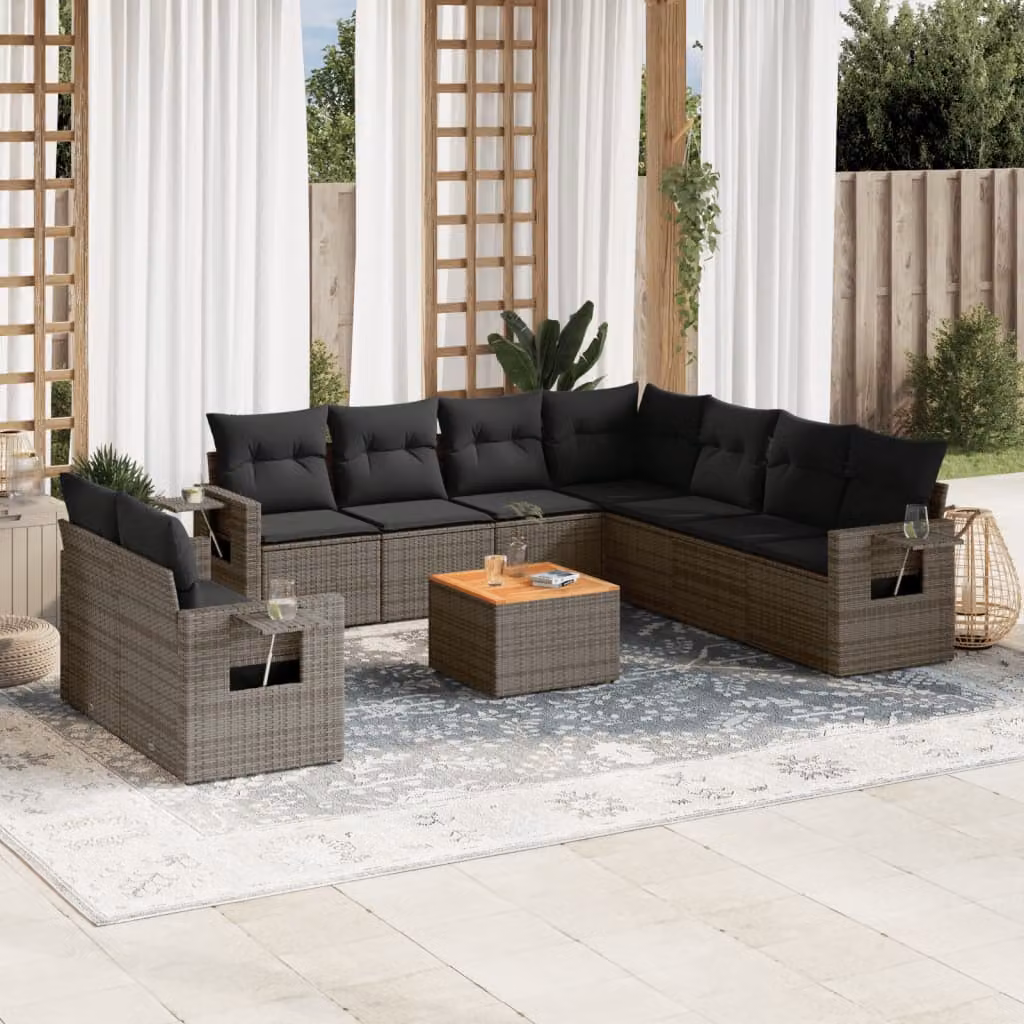Set Divano da Giardino vidaXL 10 pz in Polyrattan Grigio con Cuscini e Tavolino – 1