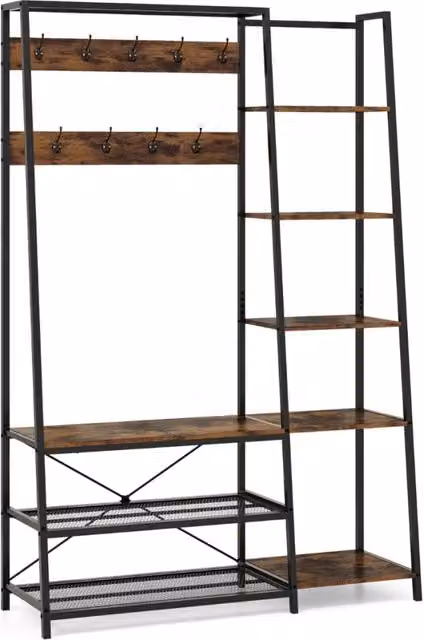 Appendiabiti da ingresso Design Mania in metallo e MDF con 9 ganci e 5 ripiani, stile industrial, colore nero e marrone, H: 180 cm, L: 118 cm, P: 40 cm – 1