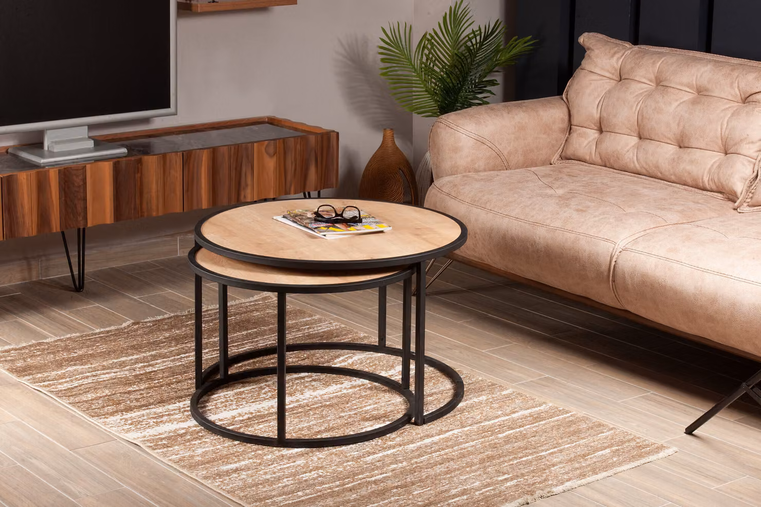 Skye Decor, Tambur- Tambur HDL, color rovere,,nero, tavolini, 43x66x66 cm, 100% pannello di particelle rivestito in melammina