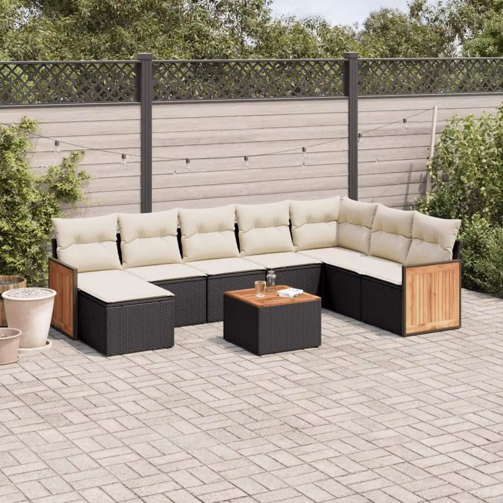 Set Divani da Giardino vidaXL 9 pz in Polyrattan Nero con Cuscini e Tavolino da Esterno a Forma di L – 1