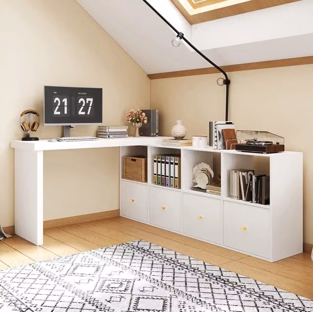 Scrivania angolare con piano girevole 360°, struttura in MDF bianco con 4 cassetti e 4 vani, piano e gambe rinforzati 4 cm