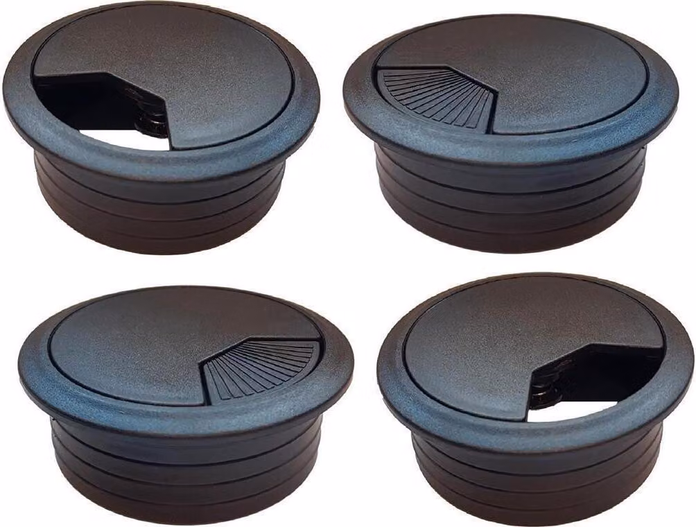 set di 4 passacavi da scrivania 80mm - colore [nero] - uscita cavi con guarnizione antipolvere per varie scrivanie e piani di lavoro per ufficio | scatola rotonda per cavi in plastica ABS | uscita cavi