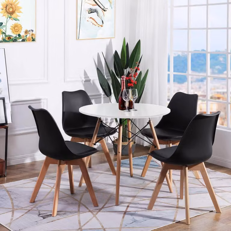Set da pranzo composto da un tavolo rotondo e 4 sedie, tavolo bianco, sedie scandinave nere, materiale: MDF, dimensioni: 80x80x75 cm