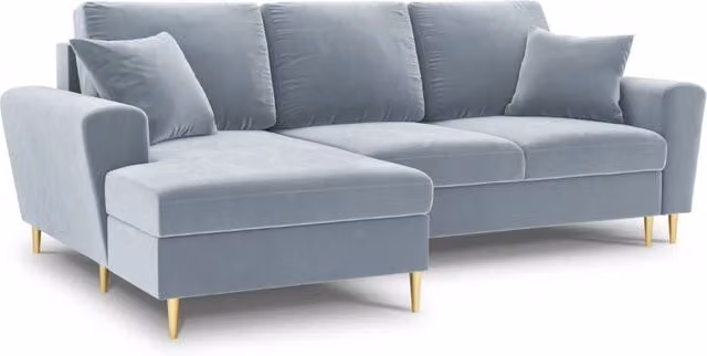 Divano convertibile angolare sinistro Kyoto Cosmopolitan Design con contenitore in velluto azzurro, 4 posti, L: 241 cm, P: 114,6 cm, H: 88 cm – 1