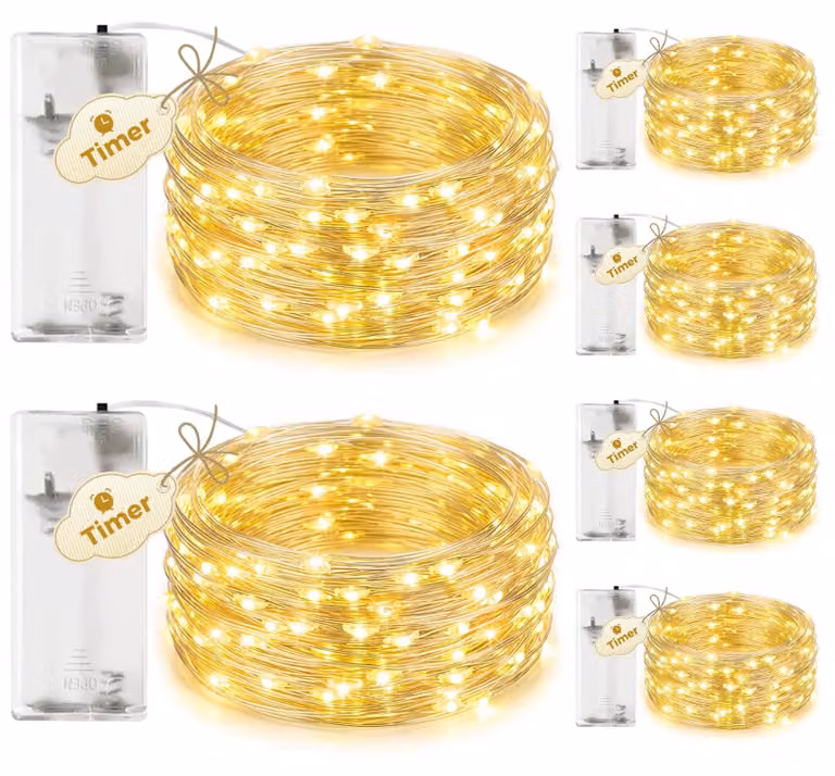 Set di 6 luci a catena, lunghezza 2 metri, 20 LED, luce bianco caldo, con timer, alimentazione a batteria