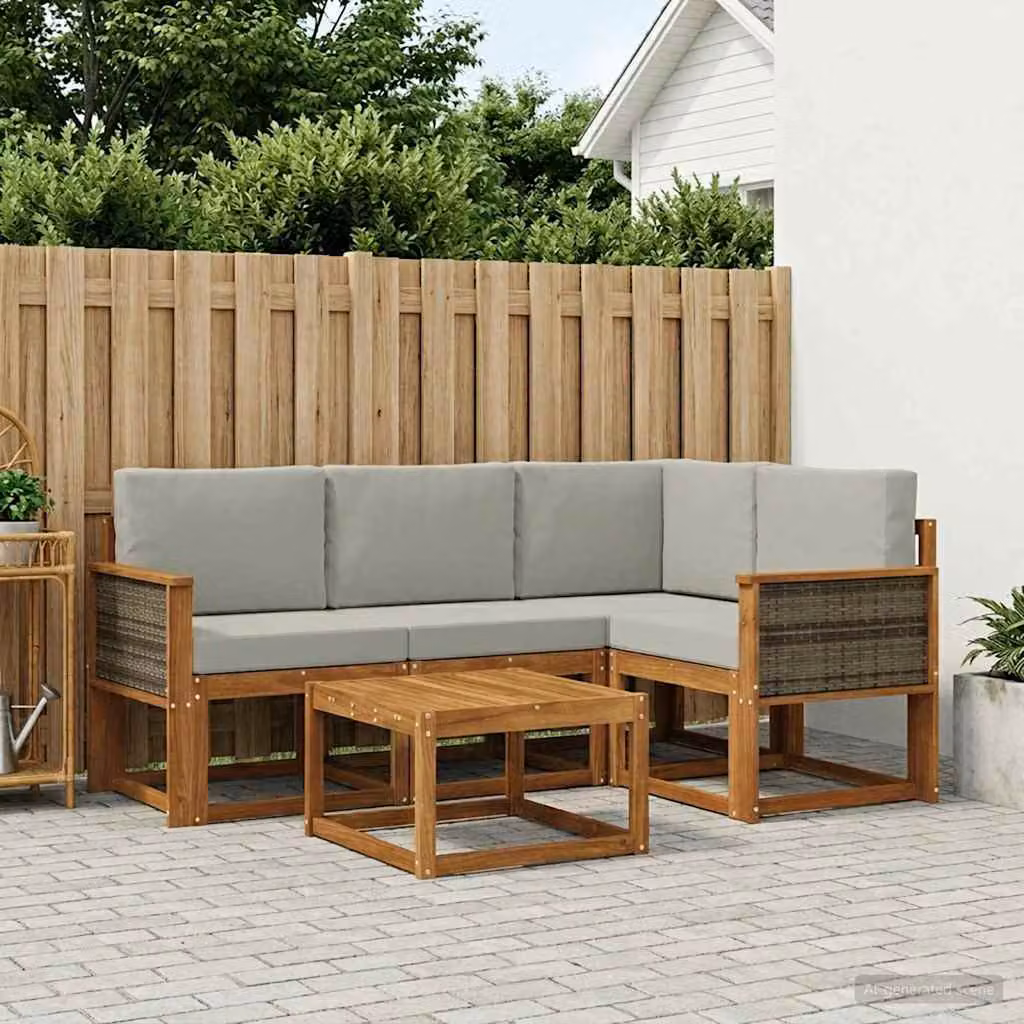 Set di divani da esterno vidaXL a forma di L in legno di acacia con tavolo da caffè e cuscini, Beige, Grigio e Marrone