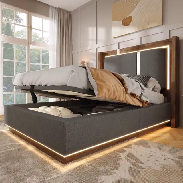 Letto imbottito ULEVR 90x200 cm con contenitore idraulico, LED RGB e rete a doghe, lino grigio e noce