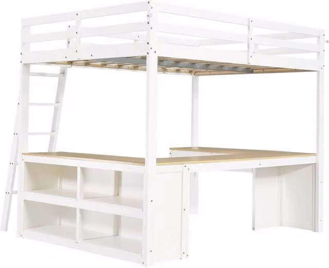Letto a soppalco per bambini con scrivania a forma di U, 2 cassetti e ripiano, legno di pino e MDF, 140x200 cm, bianco e naturale